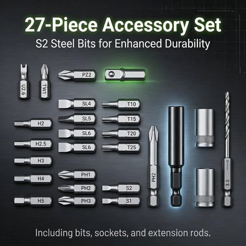 27-Piece Accessory Set featuring S2 steel bits, suitable for versatile tasks with enhanced durability and precision tools.