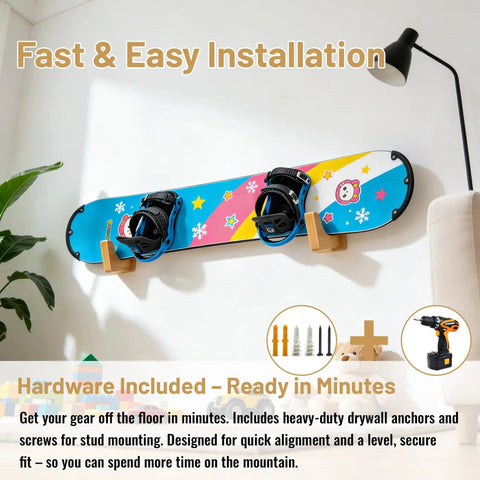 Universal Skateboard And Snowboard Wall Mount Bamboo Rack For Horizontal Storage Indoor And Outdoor with blue snowboard and bindings.