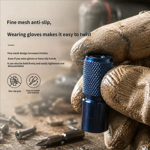Premium Heavy Duty 10mm Thread Structure Locking Adapter For Power Drills Zero Hassle Chuck Converter held by gloved hand on a work surface.