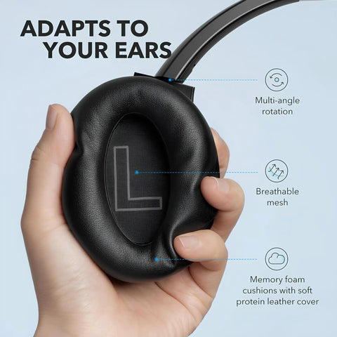 Close-up of plush foam ear cushion on All Day Wireless Over Ear Headphones with Active Noise Canceling, 60 Hour Battery Life, Hi Res Audio, Deep Bass.