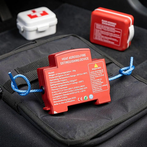 Automatic Car Fire Extinguisher Compact Aerosol Unit With Slick Peel Stick Install For Instant Flame Stop and Solid Vehicle Safety on black surface.