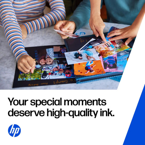 Go To Ink Cartridge Combo Pack Delivering Fresh Black And Rich Tri Color Prints, family arranging photo memories on a table.