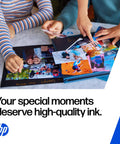 Hands organizing printed photos on a scrapbook showing vibrant images, emphasizing the need for Professional High Yield Black Ink Cartridge Crafted For No Sweat Home Office Printing Compatible With OfficeJet 8010 8020 And 8030 Series Delivering Smooth Crisp Results Every Time.