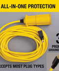 Built Like A Tank 50 Ft 14 3 Sjwt Heavy Duty Extension Cord with yellow three prong grounded plug and twist lock housing.