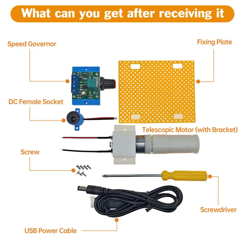 Legit Strong 5V 30mm Stroke Mini Reciprocating Linear Actuator kit with speed governor, DC socket, fixing plate, and USB power cable.