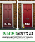 Before and after comparison of a red door using Tough As Nails Wipe On Surface Restorer And Protector For Faded Shutters Garage Doors And Outdoor Gear Hella Long Lasting Fade Proof Coverage That Gonna Last Five Plus Years In A Smooth Eight Ounce Bottle.