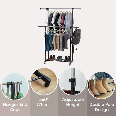 Heavy Duty Double Rod Clothes Rack With Smooth Rolling Lockable Wheels And Height Adjustable Extendable Bar with clothes and shoes