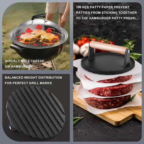 7 Inch Cast Iron Smash Burger Press Kit With 12.5 Inch Heavy Duty Griddle Dome And Patty Papers for versatile grilling.