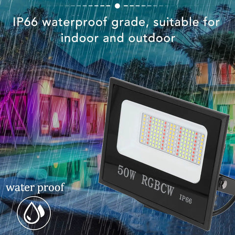 Jenivaint LED Flood Light App Controlled 50W IP66 waterproof design, suitable for outdoor and indoor use in rain.