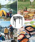 Foldable Grill Table For Outdoors in camping, picnic, hiking, and barbecue settings. Lightweight aluminum, height adjustable, mesh top.