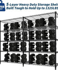 Heavy Duty 5 Tier Metal Storage Rack With Fully Adjustable Wire Shelves For Kitchen Garage Or Warehouse Uses Supports 1325 Pounds Total Rust Resistant Steel Rack Is A Hella Tough Build with dumbbells.