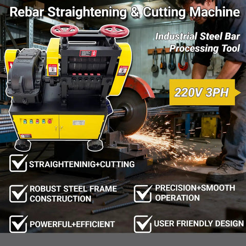 Heavy Duty Rebar Straightening And Cutting Machine 6 To 14mm Scrap Rebar Straightener With 92 Ft Per Minute Speed And 77 Cuts Per Minute, Ideal For Busy Construction Sites And Processing Plants, Steel Bar Tool 220V 3 Phase 10HP 7.5KW, showcased in industrial setting, yellow and black design, robust construction, control panel visible.