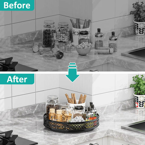 Before and after of a clean kitchen countertop with a 13 Inch Lazy Susan Turntable Heavy Duty Metal Spice Rack Organizer.