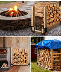 8 Pack Firewood Log Storage Rack Bracket Adjustable Beefy Heavy Duty Powder Coated Steel Holder For Fireplace Patio And Deck Rust Resistant Outdoor Wood Storage Organizer in use by a fire pit, indoors by a stove, and outdoors with a tarp.