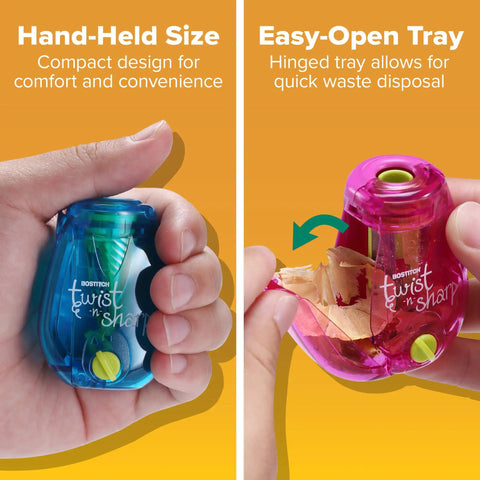 Curved Handheld Manual Pencil Sharpener Boasts A Smooth Ratchet Grip And Adjustable Dial. Blue handheld design with easy-open pink tray for waste disposal.