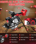 Functional features of Badass Six Point Five Inch Cordless Circular Saw With Brushless Bldc Motor 1100 Watt 6200 Rpm.