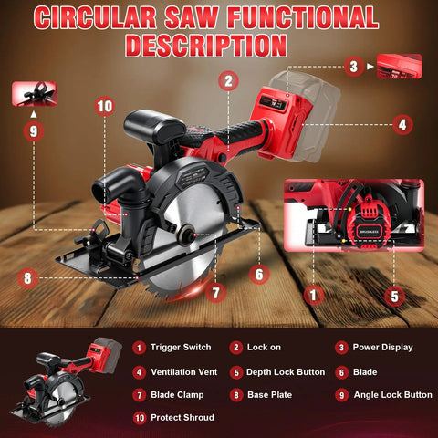 Functional features of Badass Six Point Five Inch Cordless Circular Saw With Brushless Bldc Motor 1100 Watt 6200 Rpm.