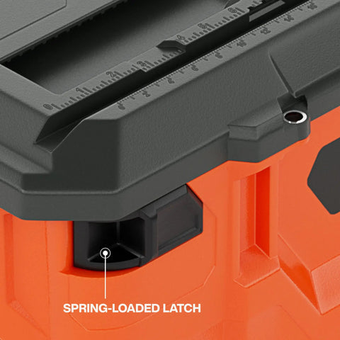 Close-up of MODbox Medium Deep Tool Box with spring-loaded latch, V-groove lid, and molded ruler; water and debris resistant.