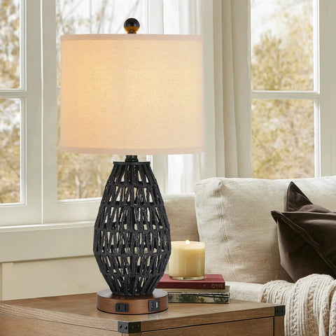 Touch Control Rattan Table Lamps Set Of 2 With 3 Way Dimming USB Ports And AC Outlet Wicker Nightstand Lamps Black on table