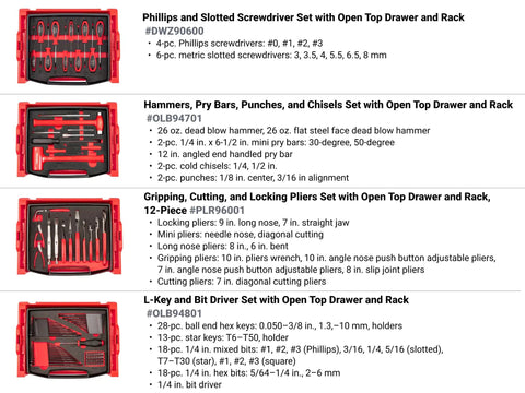 Set of four L-BOXX compatible tool kits, including screwdrivers, hammers, pliers, and L-keys in modular stacking system