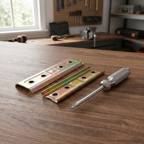 Concealed Headboard Wall Fixing Brackets with screwdriver on wooden table