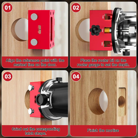 Professional Grade Door Lock Installation Kit And Latch Mortise Tool Paired With Rock Solid Hinge Jig setup steps for door installation.