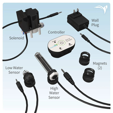 Image of Smart Water Level Sensor Auto Fill Controller For Aquariums And RO Systems Humidifiers Keeps Your Tank Topped Up Automatically With No Mess Easy Plug And Play Auto Refill System showing components: controller, solenoid, sensors, plugs, and magnets.