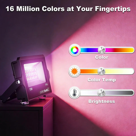 Totally Rad 15W RGB LED Flood Lights With Straight Up Bluetooth App Control And Live Music Sync Weather Resistant IP66 Color Changing Outdoor Lighting For Patios Venues And Backyard Hangouts Big Time Illumination In A Solid Four Pack showing app controls for color, brightness and temperature.