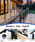 Eight Foot Modular Black Stainless Steel Handrail Engineered For Gutsy Zero Flex Rigidity On Cable Railing Systems shown on a patio.