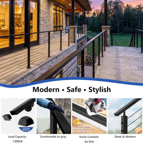 Eight Foot Modular Black Stainless Steel Handrail Engineered For Gutsy Zero Flex Rigidity On Cable Railing Systems shown on a patio.