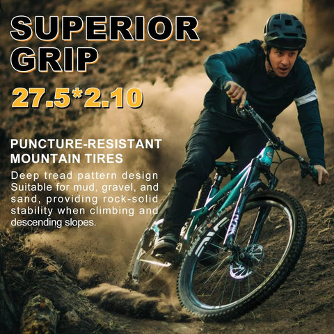 Mountain biker using 2-Pack 27.5x2.1 Inch Mountain Bike Tires With Folding Bead Includes Schrader Valve Inner Tubes And Tire Levers