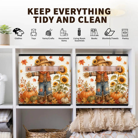 Autumn Theme Fabric Storage Basket For Standard Shelving And Closets Hella Durable Canvas Organizer Bin With Strong Handles, decorative design with pumpkins and scarecrow.