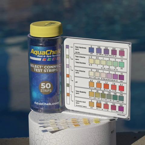 Seven In One Pool And Spa Test Strips Kit Checking PH Chlorine Bromine Alkalinity Hardness And Cyanuric Acid For No Mess Backyard Water Care Featuring Fifty Accurate Quick Dip Strips in a clear container with testing chart.