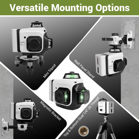Versatile mounting options for Green Laser Level With Self Leveling One Horizontal 360 Degree Plane And Two Vertical 360 Degree Planes.