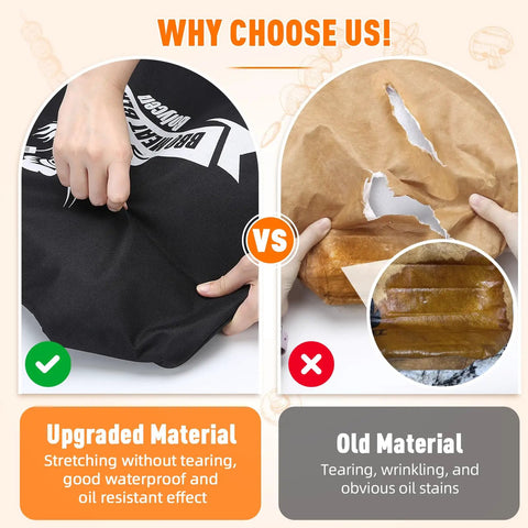 Comparison of Insulated Meat Resting Blanket material showing durability and waterproof features versus old material issues.