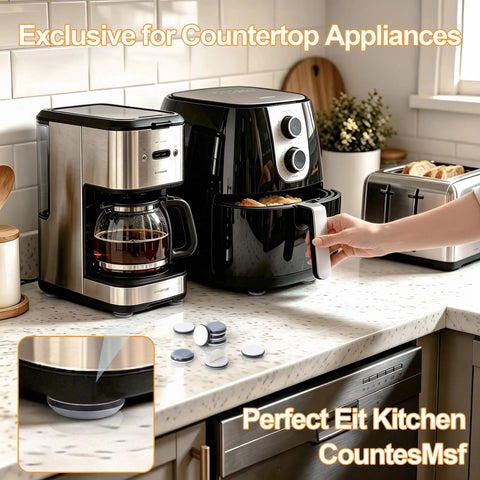 Self Adhesive Appliance Sliders 24 Pack under coffee maker and air fryer, providing smooth sliding and protection for countertops.