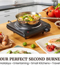 Roadready Electric Hot Plate Featuring Slick Cast Iron Cooking Surface Seven Speed Heat Dials Compact 1000 Watt Portable Burner in use