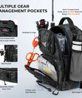 BaitSpace Standard Fishing Tackle Sling Bag with pockets, rod holder, beverage space, adjustable straps, shown with gear inside.