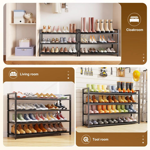 Heavy Duty Metal Shoe Shelf For Up To 30 Pairs in a living room, showcasing various types of footwear neatly organized.