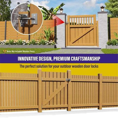 Tough As Nails Gravity Self Locking Fence Gate Latch Heavy Duty Silver Stainless Privacy Hardware on wooden gate.