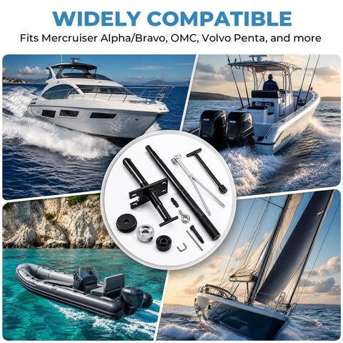 Complete Gimbal Bearing Puller And Alignment Kit For Mercruiser Alpha Bravo Volvo Sterndrive with tools and boats.