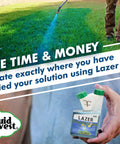 Liquid Harvest Lazer Blue spray pattern indicator bottle, 8 oz, front view held over green lawn.