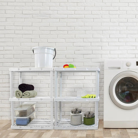 No Sweat 3 Tier Storage Shelving Units In Fresh White, 2 Pack Of Interconnectible Closet Organizers with towels and containers.