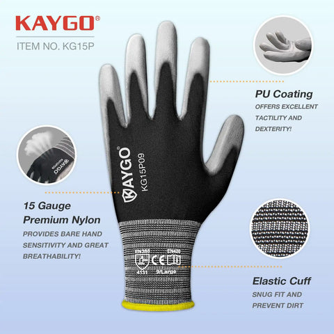 PU Coated Work Gloves For Light Duty Tasks, Breathable Nylon Knit With Ultra Thin Dexterity, showing glove features.