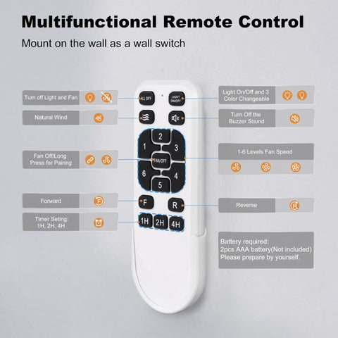 Multifunctional remote control for 84 Inch Ceiling Fan With Lights Remote And App Control, showing buttons and features.
