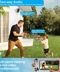 Father and child playing in yard under 3MP 2K Solar Security Camera Wireless Outdoor No-Hassle Rechargeable Battery Powered WiFi Surveillance.