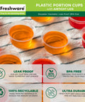 Heavy Duty 2 Oz Disposable Portion Cups With Airtight Lids Bulk 200 Piece Grab Bag filled with colorful jello shots.