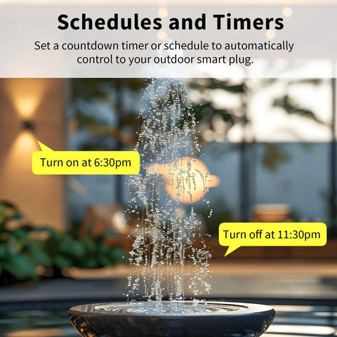 Outdoor Weatherproof Smart Plug 2 Pack Featuring Rock Solid 2.4ghz Wifi And Frictionless Alexa Google Assistant Voice Sync For A No Sweat Patio Automation Setup with water fountain and timer notifications.