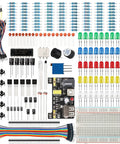 Hella Sweet 298 Piece Electronics Starter Kit With Breadboard Compatible With Arduino And Raspberry Pi featuring various electronic components including resistors and LEDs.