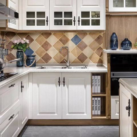 Modern kitchen with white cabinets, oil rubbed bronze cabinet knobs, and tile backsplash showcasing 10 Pack Oil Rubbed Bronze Cabinet Knobs With Matching Backplates Heavy Duty Zinc Alloy Flower Hardware For Kitchen And Bedroom Drawers That Gonna Freshen Up Your Space Real Quick.